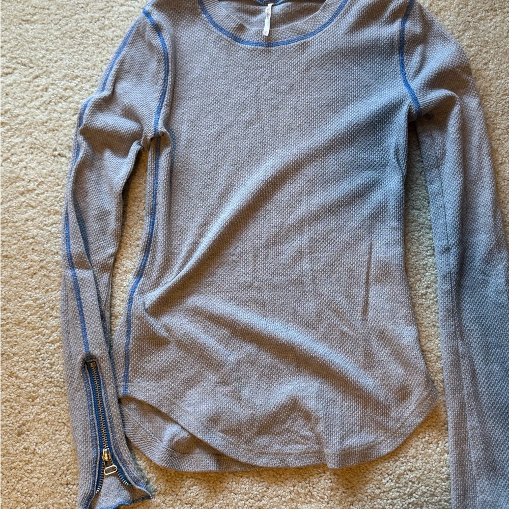 Free People Textured Gray Top with Blue Accents